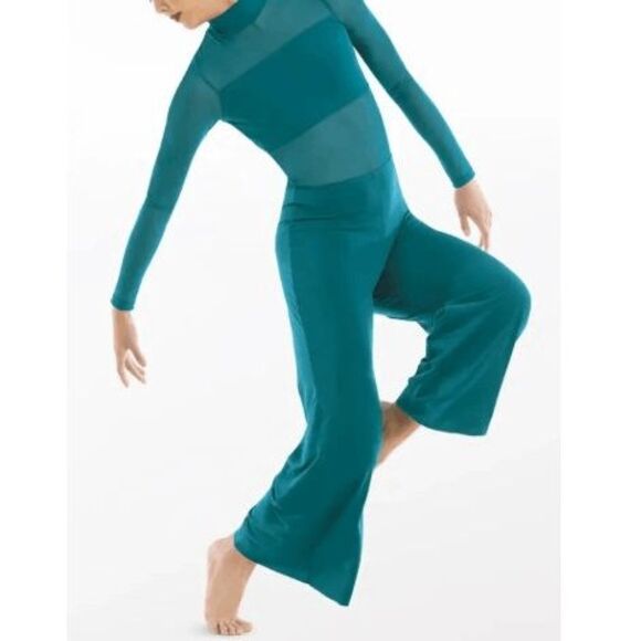 Balera Adult Small Teal Mesh Cutout Long Sleeve Cropped Pant Dance Costume - Picture 4 of 6